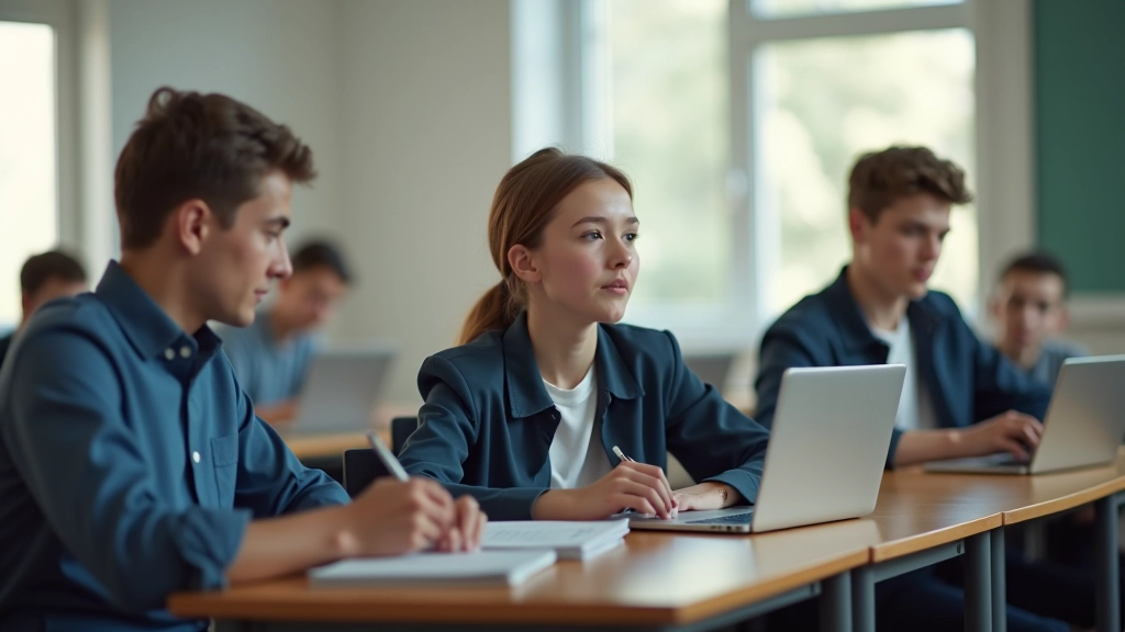 Gruppo di studenti che guarda uno schermo durante una sessione di test di apprendimento con questionario scritto davanti