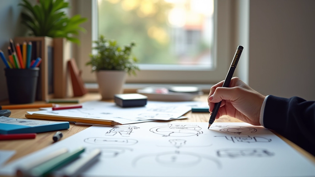 Processo creativo di selezione di metafore visive, con appunti, schizzi, e iterazioni di design su tavolo di lavoro
