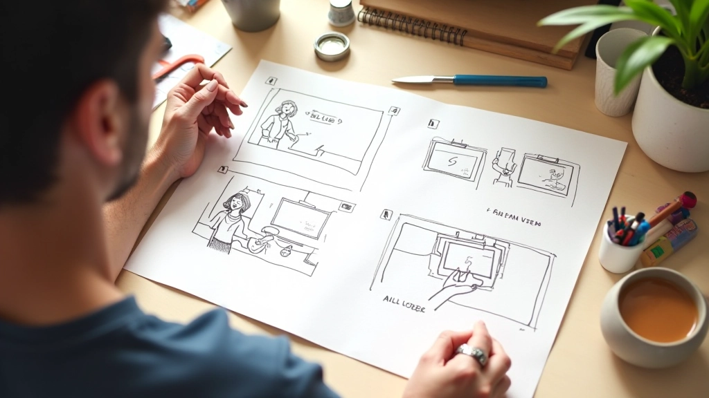 Storyboard disegnato a mano con sketch di scene e note di sceneggiatura