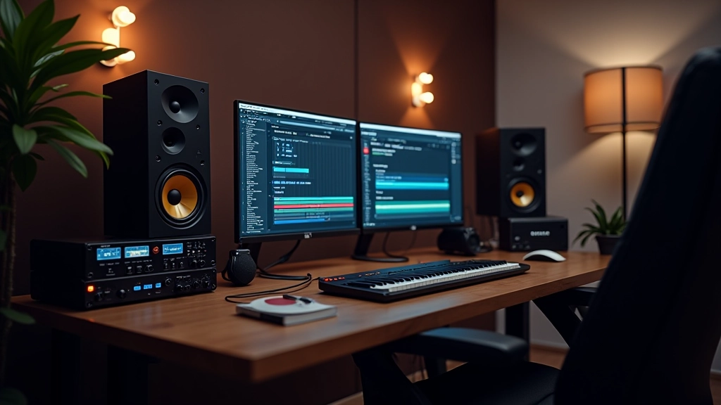 Setup di uno studio audio-video professionale con monitor, cuffie, e schermo di lavoro