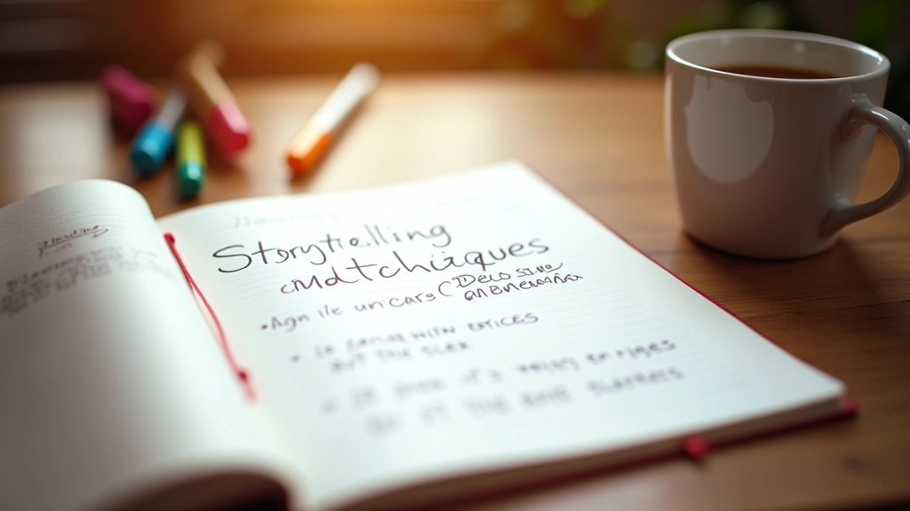 Notebook con appunti su tecniche di storytelling, parole chiave e concetti evidenziati