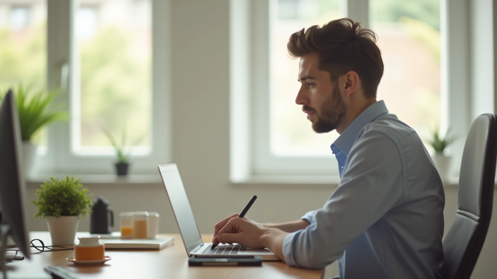 Persona che scrive su un laptop, schermo che mostra testo di sceneggiatura con revisioni