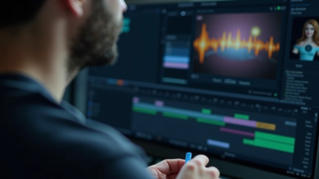 Timeline di progetto video in software di editing professionale con sincronizzazione audio-visiva