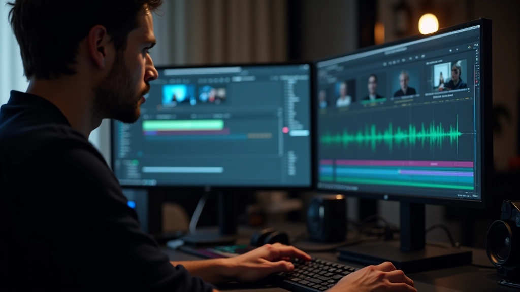 Timeline di un editor video con waveform audio e tracce di animazione sincronizzate